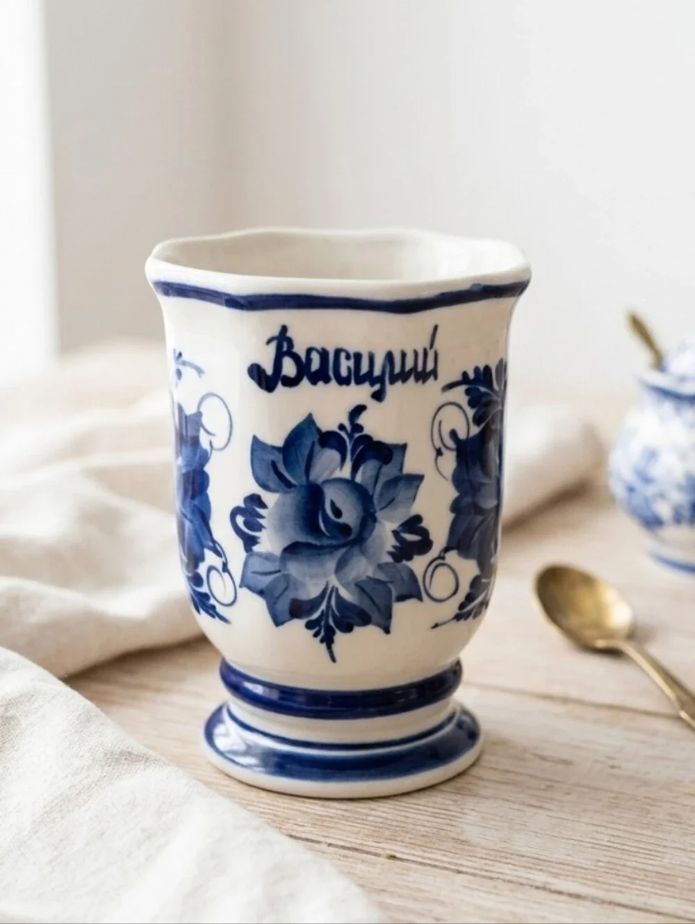 Authentic Gzhel Russian Porcelain Hand-Painted Blue Floral Tea Cup